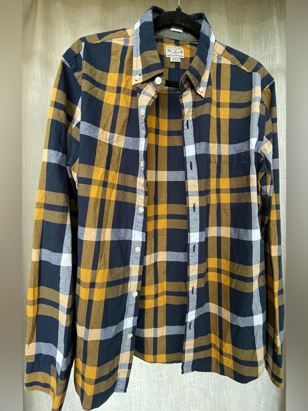 J. Crew Men’s Navy, Mustard & Light Blue Plaid Button-Down Slim Fit Shirt